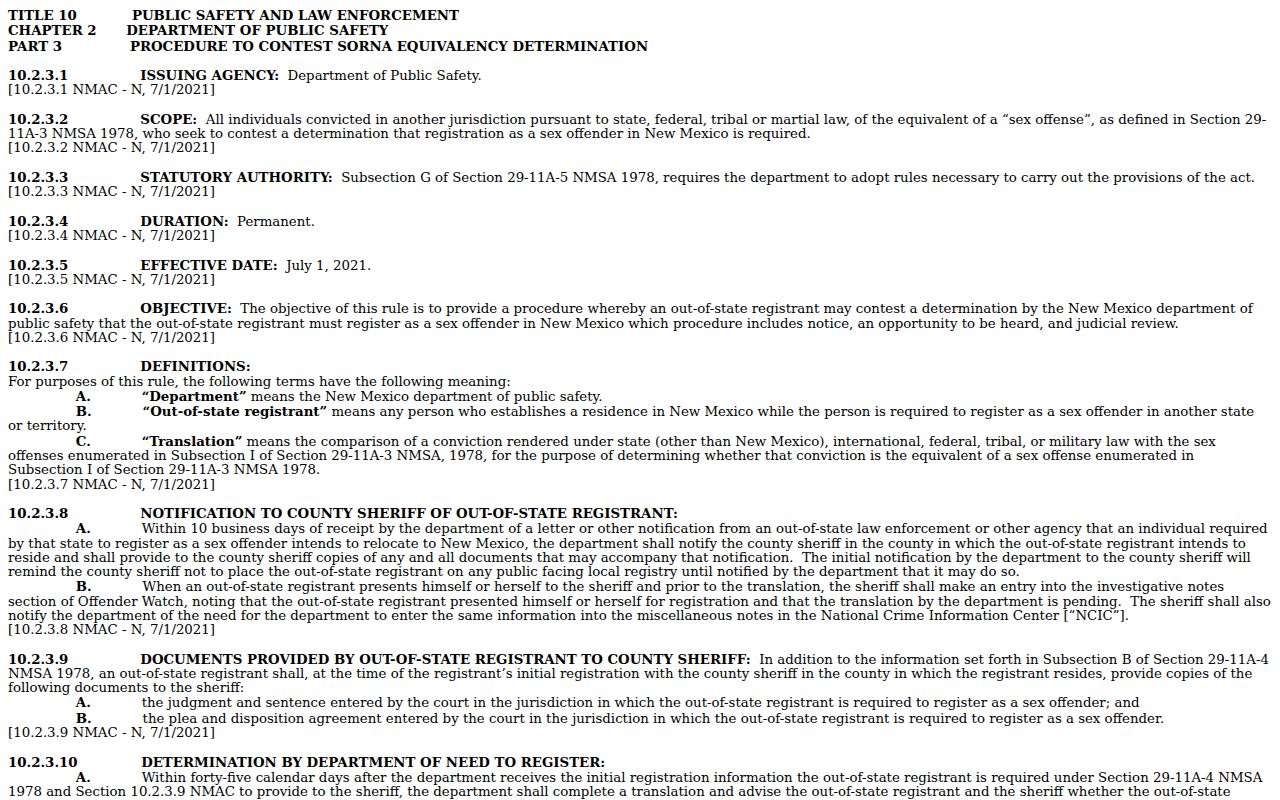 New Mexico sex offender registry equivalency procedure